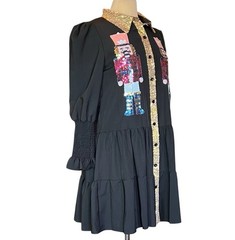 Black Nutcracker Sequin Collar Tiered Ruffle Button Down Shirt Dress Tunic Small
