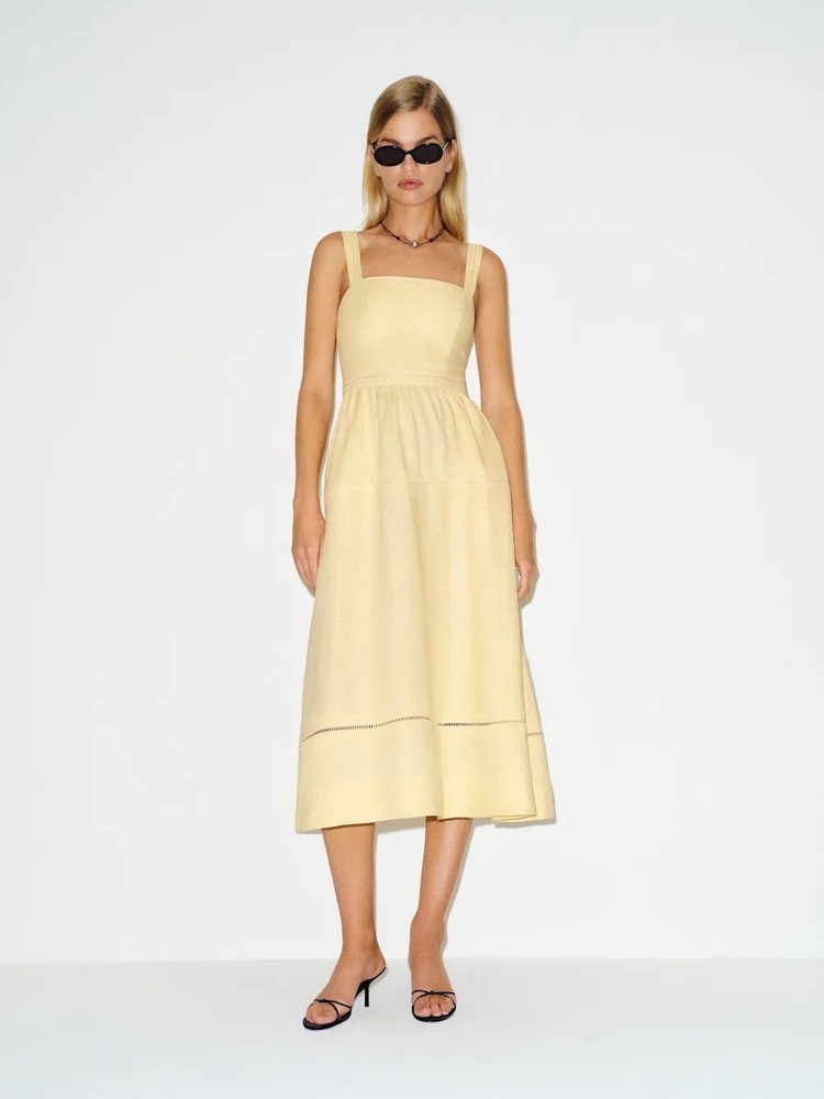 NEW Reformation Everett Linen Midi Dress Ray of Light Yellow | US 2 UK 6
