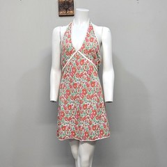 Zara Floral Knit Halter Mini Dress Large Babydoll Pink Green 70s Retro Festival