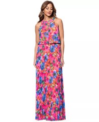 Xscape Chiffon Gown Pleated Halter Blouson Pink Floral Size 12 NWT $179