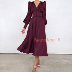 1940S Women&rsquo;s V Collar Stain Button Long Dress Lantern Sleeve Tea Dress Elegant