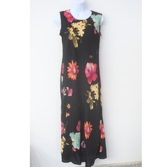 JD Stone Floral Midi Dress Size 6 Black 90s Sleeveless Shift Vintage Y2K USA