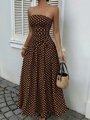 Brand New Brown Summer Wedding Vacation Beach Maxi Dress Strapless Polka Dot