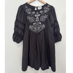Bohme Black Cotton Gauze Embroidered Boho Mini Dress Crochet Lace S Peasant