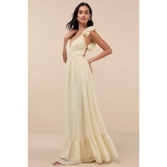 NWT Lulus Soiree Celebration Light Yellow Ruffled Lace-Up Maxi Dress Tiered S