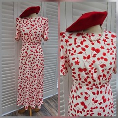Vintage 1930s 1940s WW2 Style Ivory red floral midi tea dress Size 14