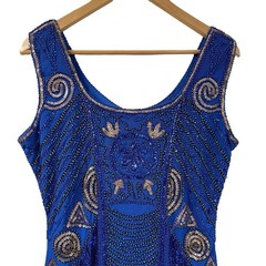 Royal Blue Beaded Sequin Fringe Mini Dress S Unique Vintage Ornate Gatsby