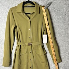 Justfab Dress Womens S Green Collared Long Sleeve Belted Dress Career NEW