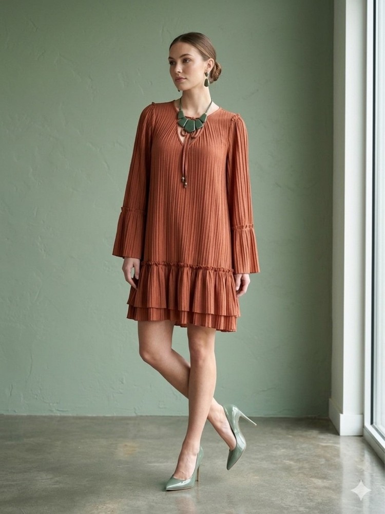 Dress Up Pleated Rust Terracotta Shift Mini Dress Bell Sleeve Boho Tiered M