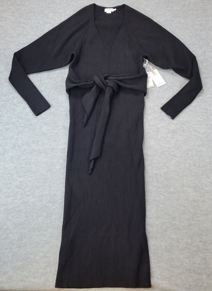 Good American Maxi Dress Long Sleeve Belted Ribbed Knit Black Womens 00/0 NWT