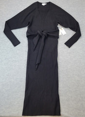 Good American Maxi Dress Long Sleeve Belted Ribbed Knit Black Womens 00/0 NWT