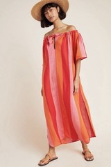 MARA HOFFMAN Orange Red Pink Striped 100% Linen Dress Coverup Off Shoulder SZ XL