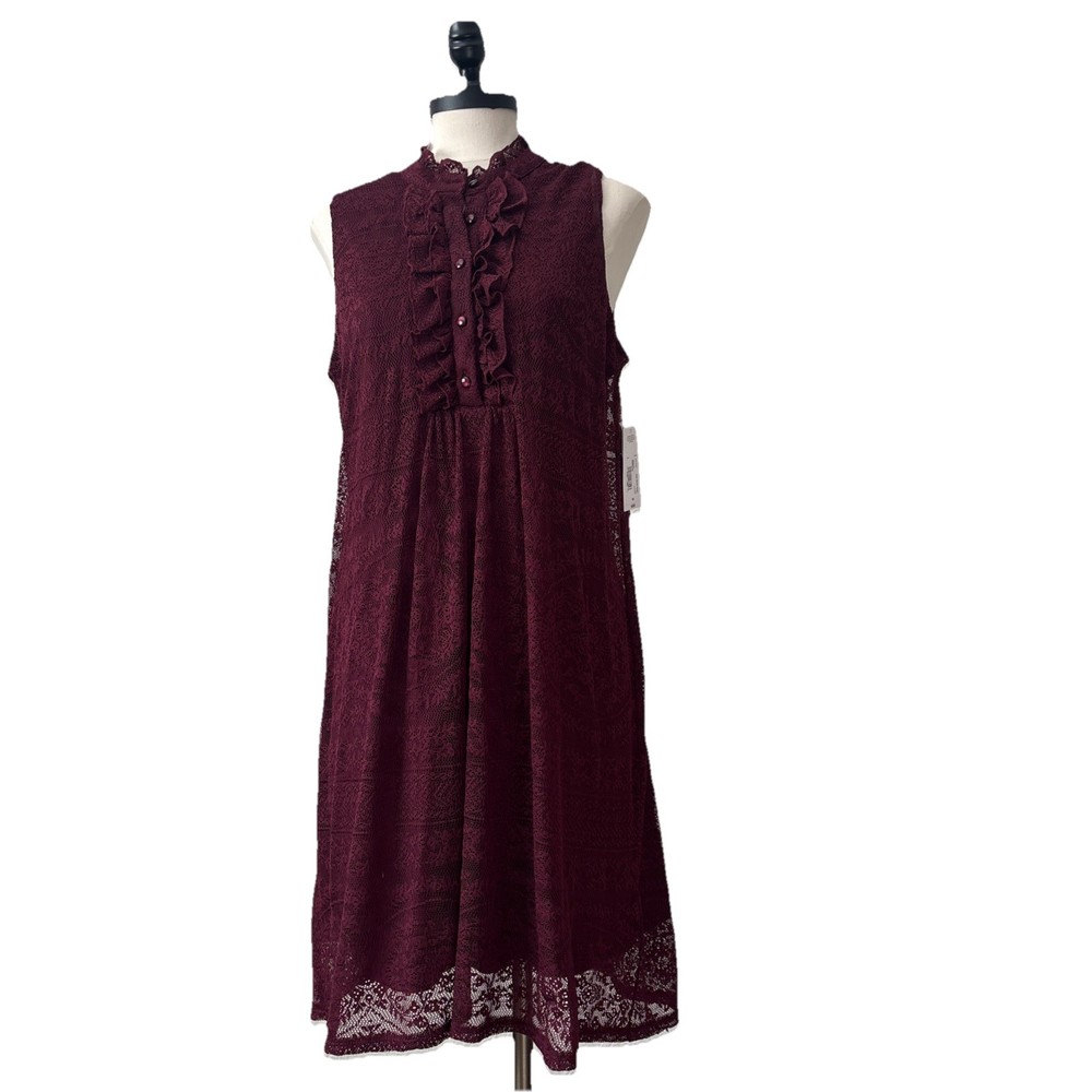 NWT A.N.A. maroon lace high button neck lined sleeveless dress Large mid length