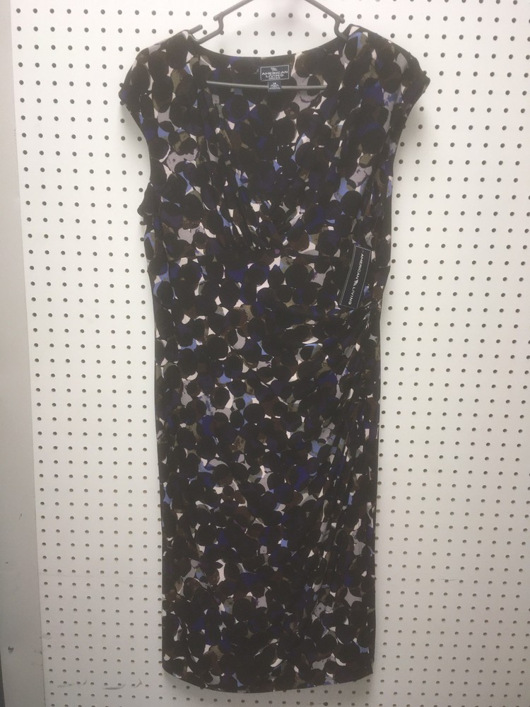 NWT Womens American Living Black, Blue V-Neck Ruched Dress sz 14