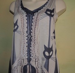 S Novelty Cat Print Midi Dress Mid-Century Modern Long Neck Cats Lagenlook Boho