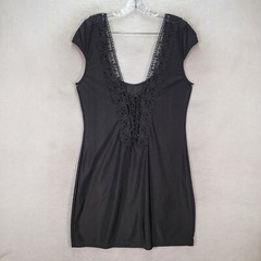 Black Stretch Crochet Lace Low Cut Tie Sexy Slip Micro Mini Womens Dress Size XL