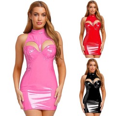 Womens Wet Look PU Leather Hollow Out Mini Dress Sleeveless Bodycon Club Dress