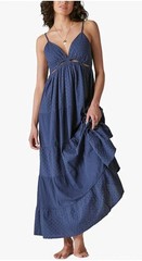 Lucky Brand Maxi Navy Cotton Gingham Strappy Coastal Beachy Tiered Cut Out Sz M