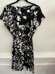 Lauren Ralph Lauren Sheath Dress XL Black White Floral Knit Belted Stretch