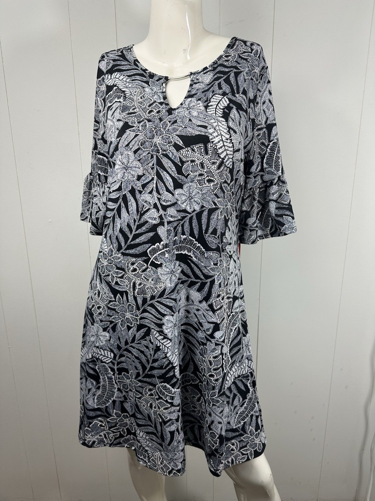 NWT Ruby Rd Womens Size M Black Textured Floral Dress 3/4 Ruffle Sleeve