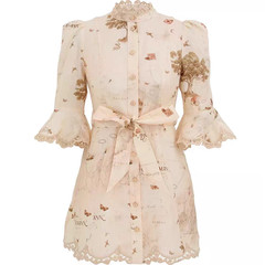 NWT Zimmermann Resort Stand Collar Map Print Flutter Sleeve Belted Mini Dress