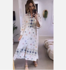 ZARA OVERSIZED LINEN BLEND FLORAL PRINT TUNIC DRESS KAFTAN WHITE 8038/456