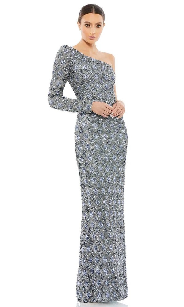 Mac Duggal Slate Blue Grey Beaded Sequin One Shoulder Evening Gown Size 10 $798