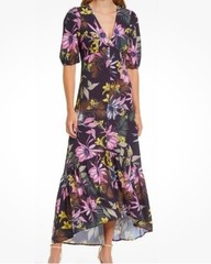 Fourteenth Place Dress Size XS Maxi Black Colorful Floral Short Puffed Sleeve