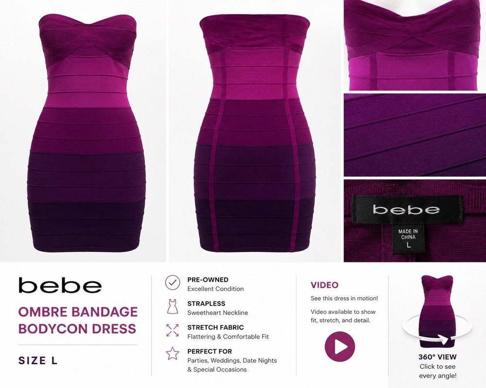 Authentic bebe Strapless Ombre Bandage Dress Purple Pink, Women’s L