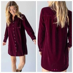 Natural Life Burgundy Velvet Button Down Shirt Dress Floral Trim Medium