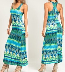 Blue/Green Multi Retro Tribal Racerback Sleeveless Tank Long Maxi Dress