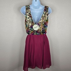 NEW Alythea Rainbow Sequin Burgundy Chiffon Skater Dress Size S Mini Party