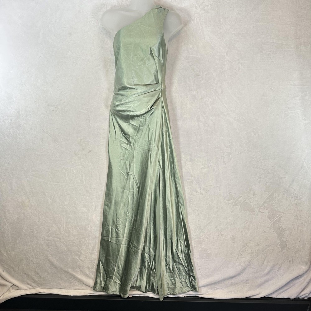 Billy J Dress Womens 8 Sage Green Satin One Shoulder Maxi Gown Side Slit Formal