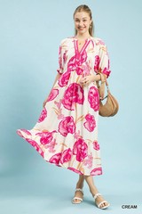 Umgee Floral Print Midi Dress with Contrast Trim