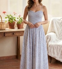 H&M Blue/White Floral Sweetheart Smocked Ruffle Maxi Sundress Spaghetti S