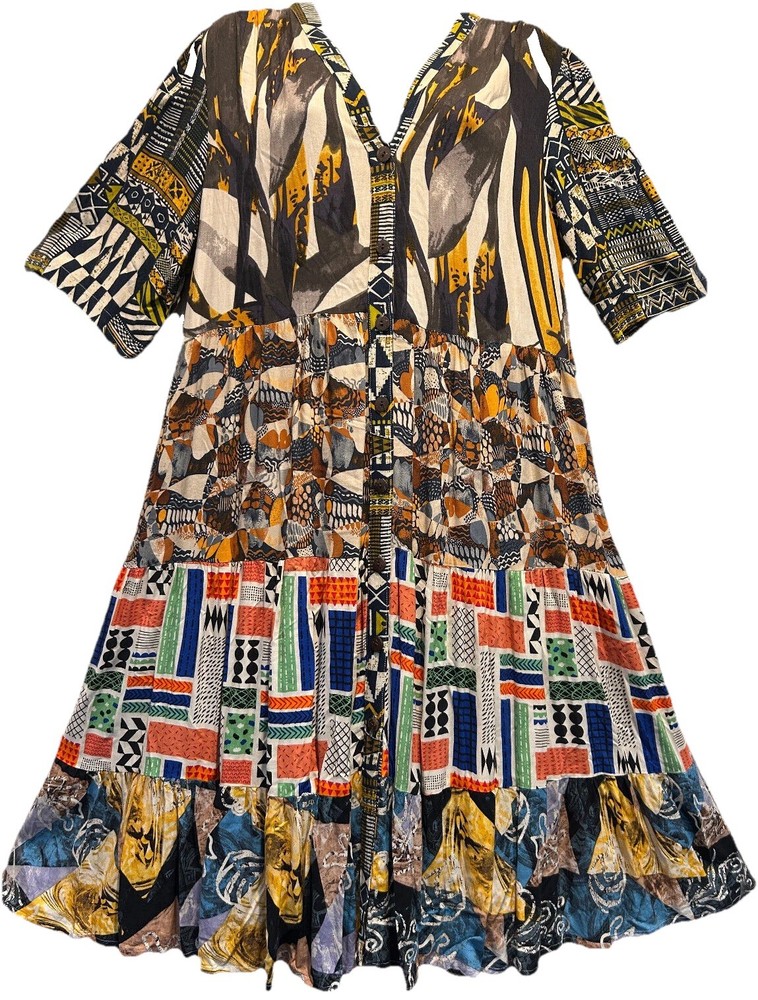 Nwt SACRED THREADS abstract bohemian funky hippie rayon tier DRESS XL Free shipp