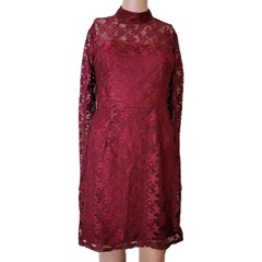 Betsey Johnson Mini Dress Womens 2 Star Lace Red Sheer Overlay sheer long sleeve