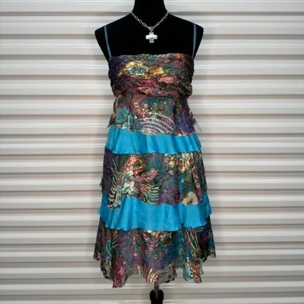 00&rsquo;s Y2K ZOLA Multicolor Patterned Tiered Midi Dress