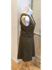 Sleeveless Olive Green Belted Dress with V-Neck and Side Pockets