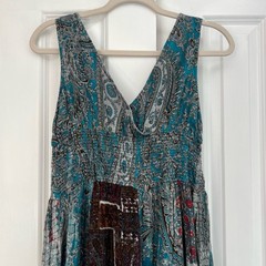 Solitaire Bohemian Patchwork Smocked Paisley Multi-Color Maxi Dress Size L