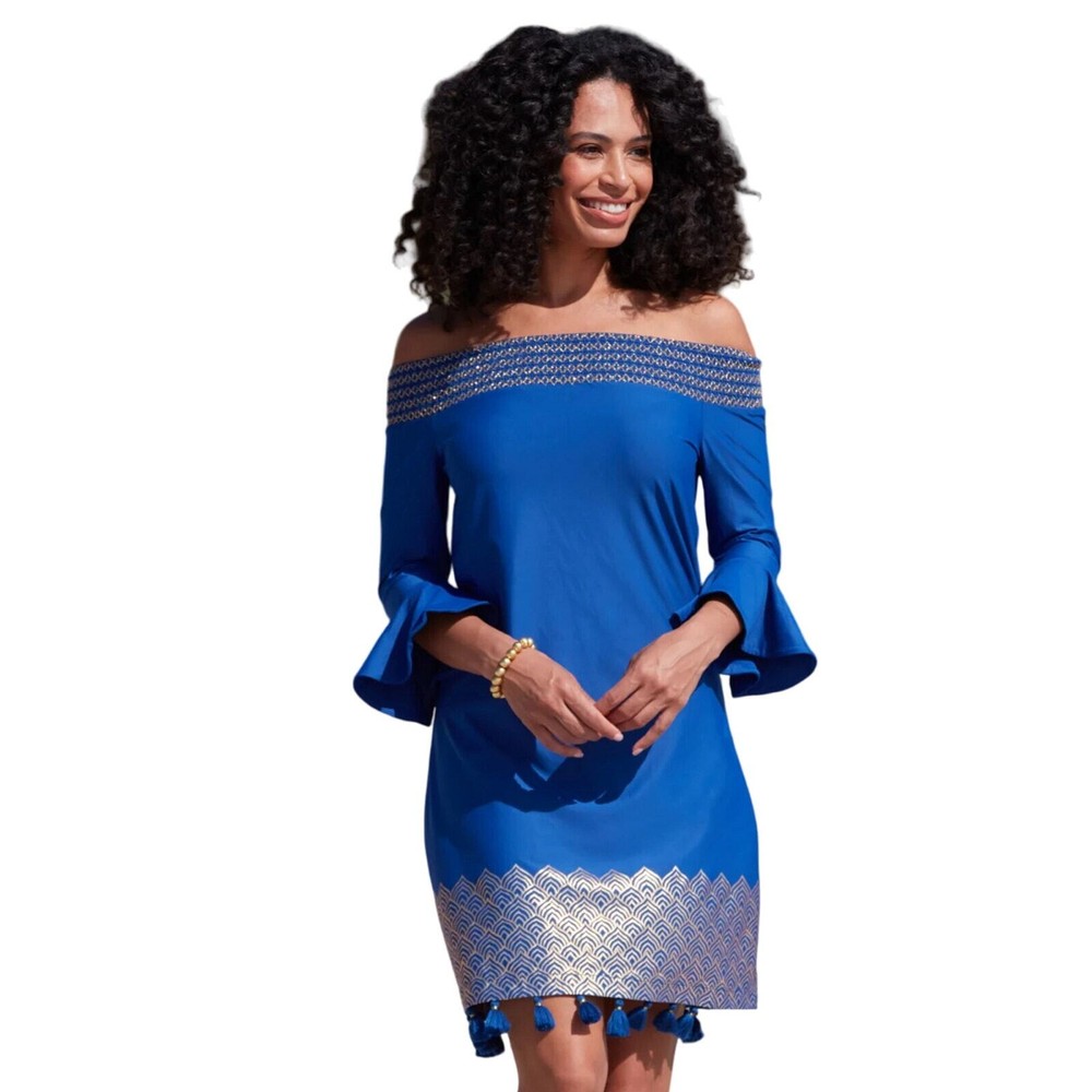 Cabana Life Royal Blues Embroidered Pom-Pom Off-The-Shoulder Dress Size Medium