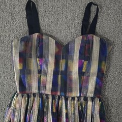 Dress the Population Pale Gold Rainbow Multi Metallic Pleated Midi Dress Size S