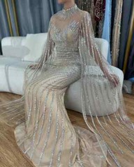 Mermaid Angular Sleeve Lace Bead Evening Dress Sweeping Train Prom Ball Gown