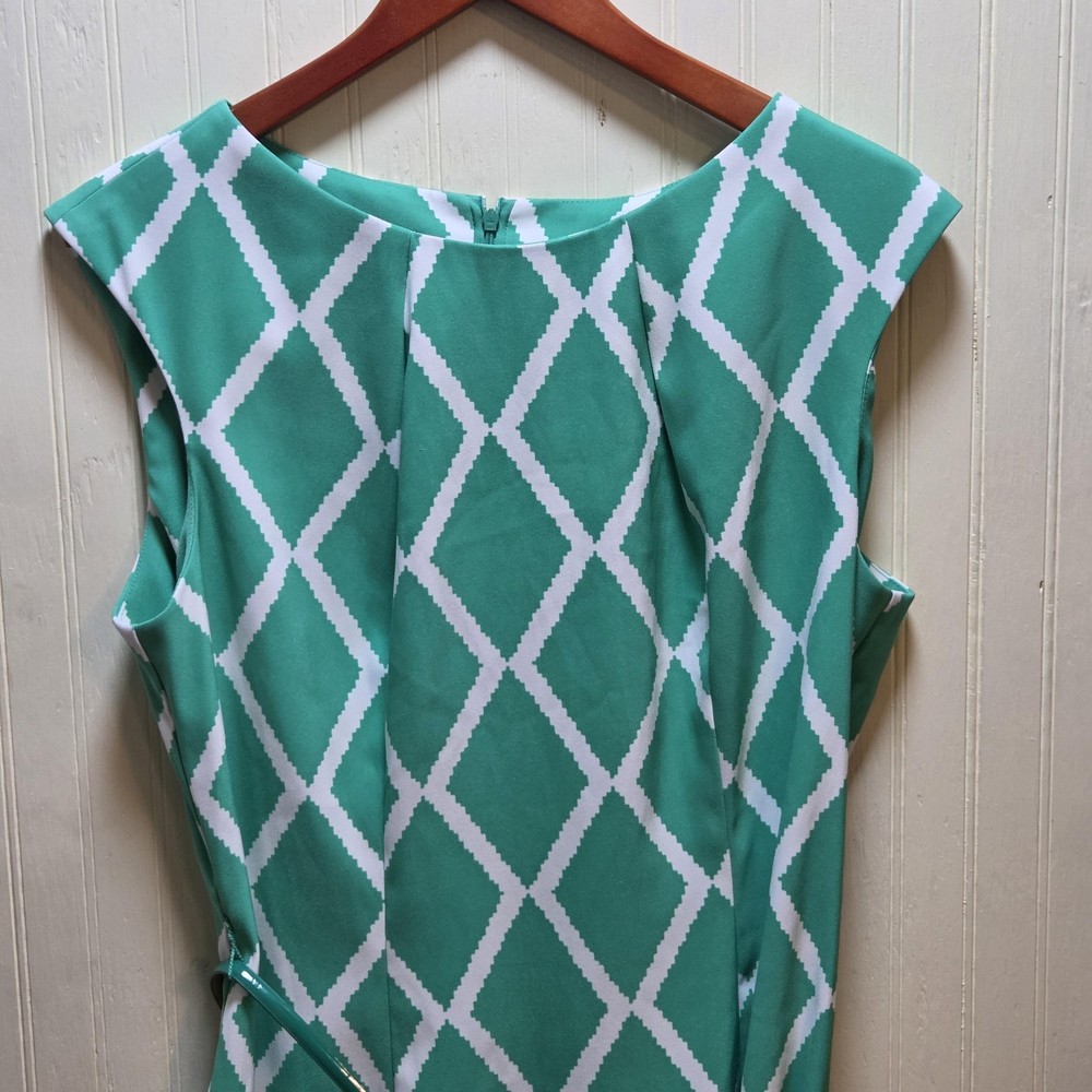 AGB Dress Womens 16 Green Geometric Sleeveless Sheath Knee Length Belted Career