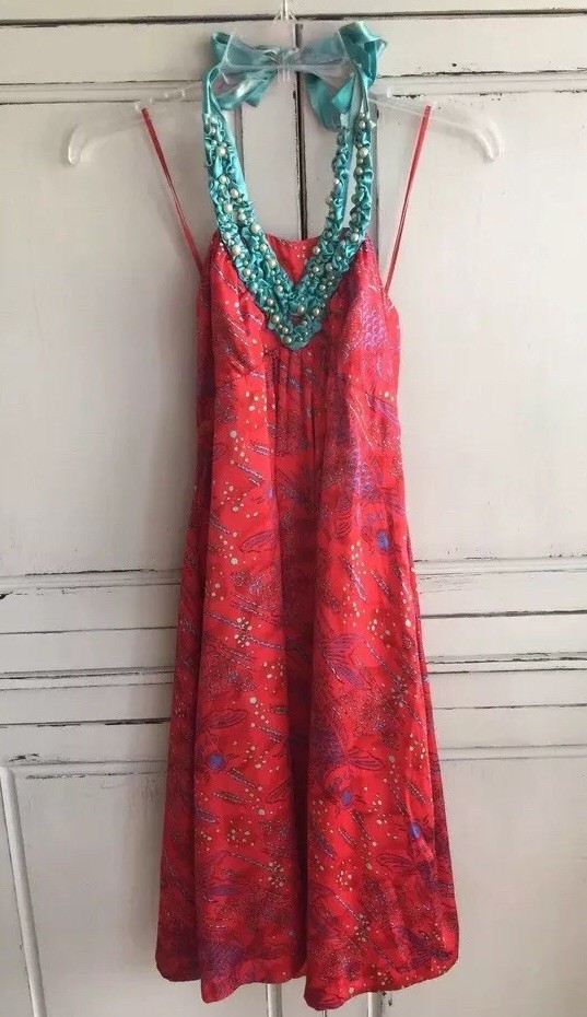 Katherine Australian Boutique Size 6 Halter Dress Red Print Turquoise Pearl