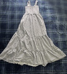 MSK white + black gingham tiered full length dress with lace trim. Size: S.
