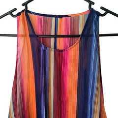 Boho Beach Cover up Multicolor Striped Sleeveless Lace-Up Tassel Sides MED