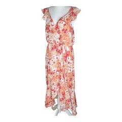 Floral Print Pink Orange Yellow White Flowy Ruffles Dress Women Small Midi