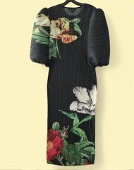 Nancy Yang Black Multi Color Pleated Puff Sleeve Round Neck Floral Dress Large