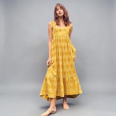 Miou Muse Dress S Maxi Sundress Ruffle Mustard Yellow Boho Cottagecore Prairie